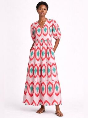 Oliphant Odisha Ikat Puff Sleeve Maxi Dress Coral Teal Ivory Size XS NWT